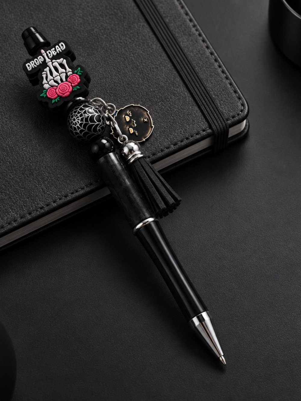 Black Decorative Ballpoint Pen Keychain with Tassel and Charms - “Drop Dead”